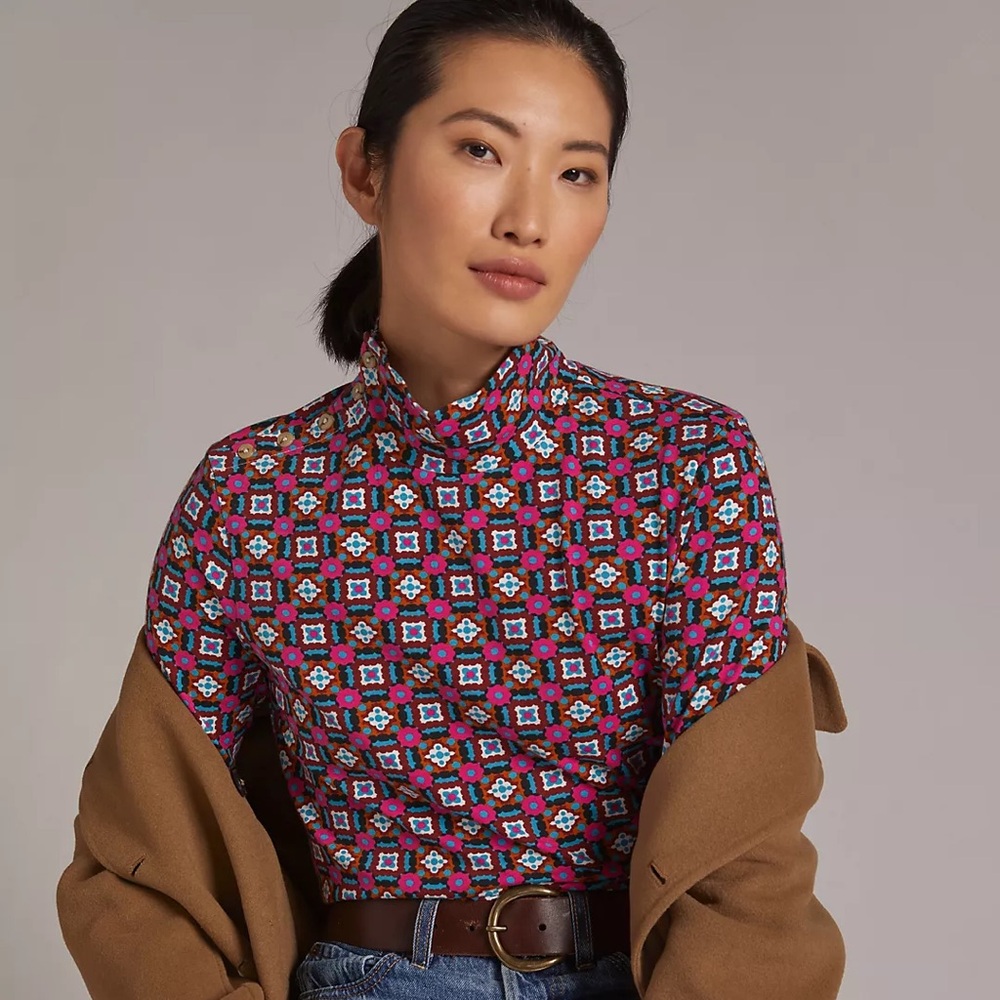 Maeve Button Shoulder Turtleneck Top